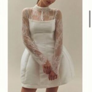 BHLDN Ivory Lace Long Sleeve Mini Bridal Reception Short Dress
